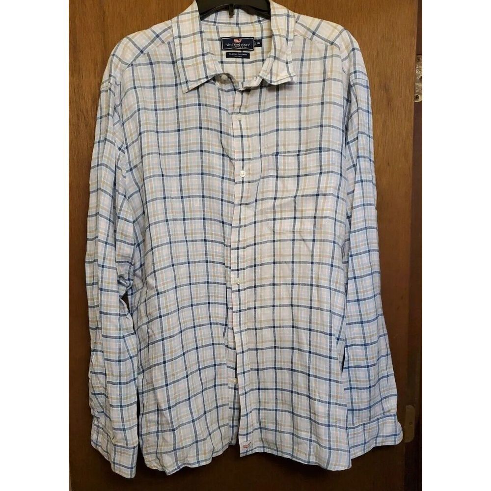 Vineyard Vines Whale Dress Shirt Plaid Cotton Linen Long Sleeve Mens XXL